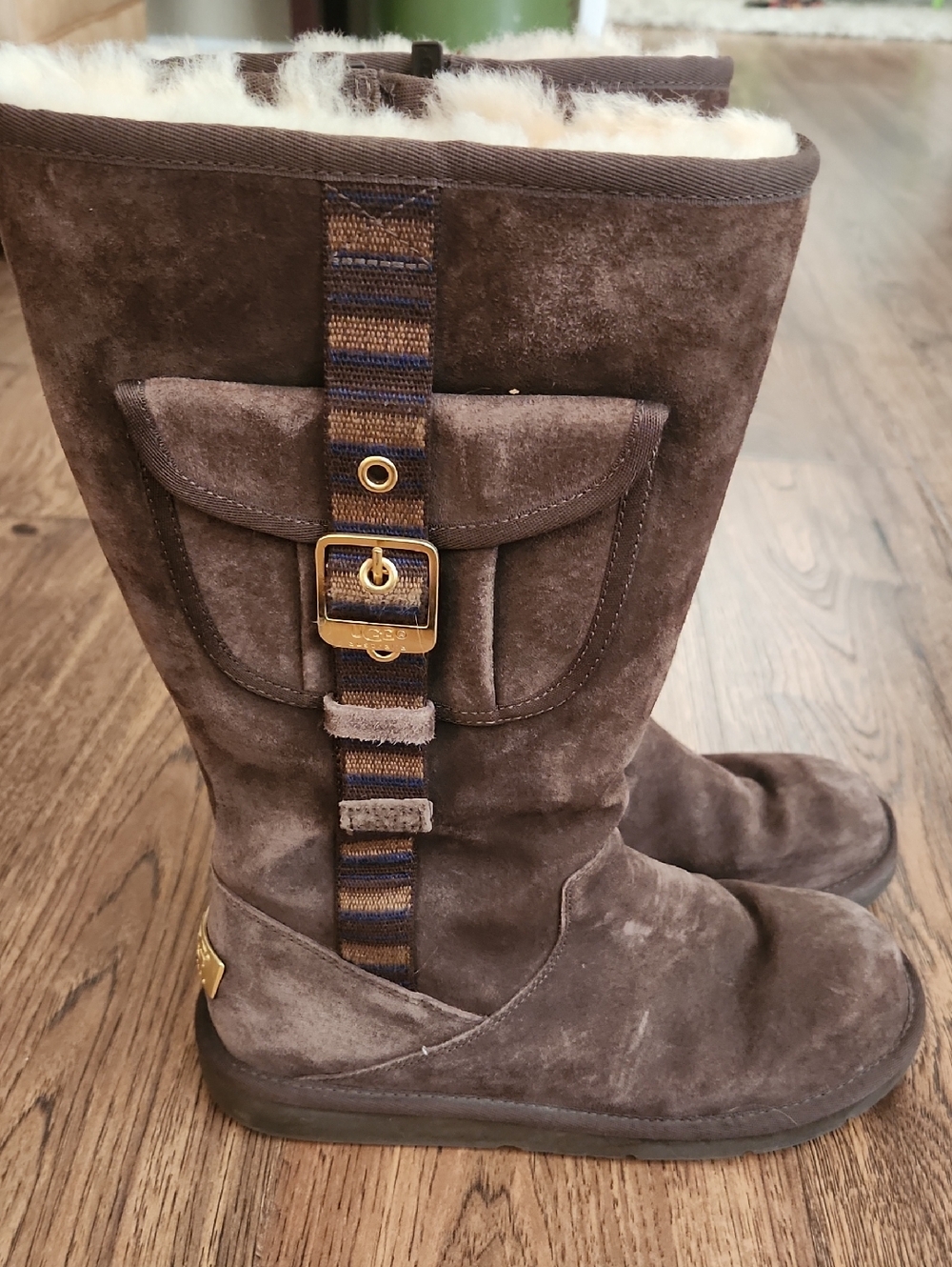 UGG Brown Suede Shearling-Lined Women's Mid-Calf Boots with Buckle Strap